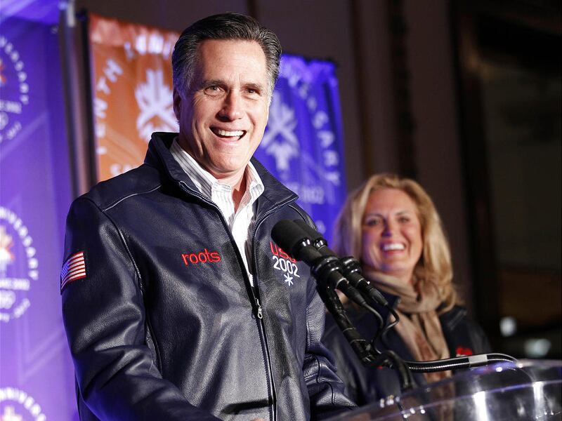 Mitt Romney addresses former Salt Lake City Olympic Committee members at an event marking on Saturday.