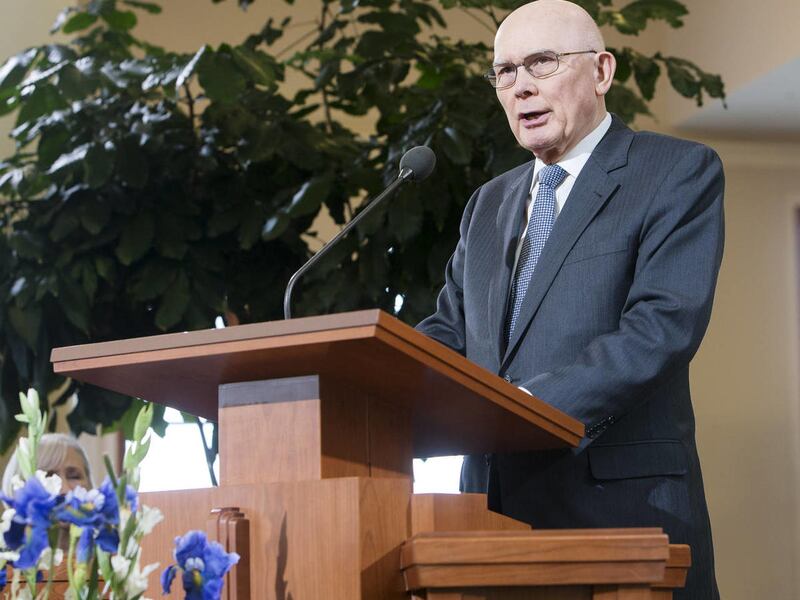 Elder Dallin H. Oaks, of the Quorum of the Twelve Apostles, speaks at a news conference Tuesday, Jan. 27, 2015, inside the Conference Center in Salt Lake City, as LDS leaders reemphasize support for LGBT nondiscrimination laws that protect religious freed