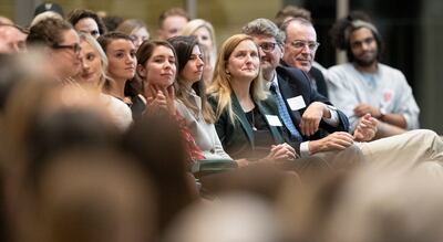 Audience members listen to Anita Hill at the Obert C. and Grace A. Tanner Humanities Center at the University of Utah in Salt Lake City on Wednesday, Sept. 26, 2018.