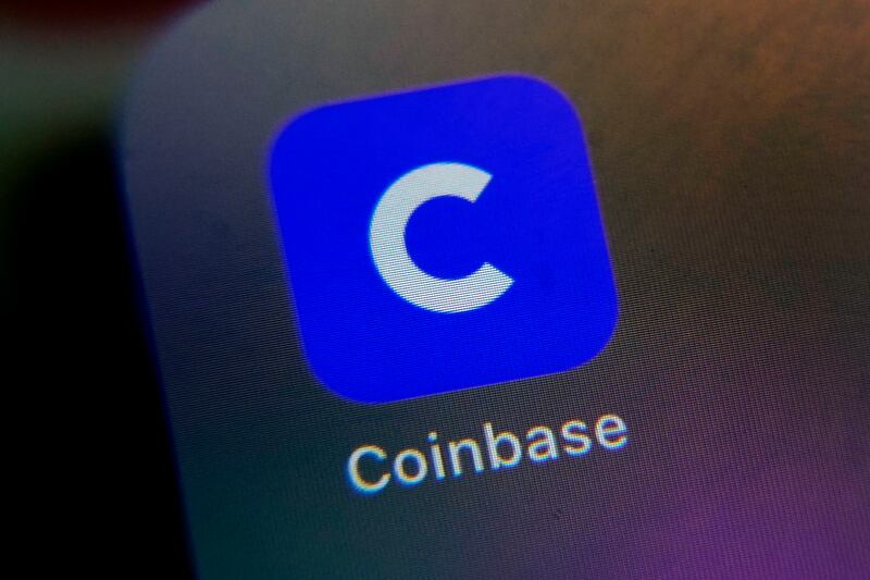 The mobile phone icon for the Coinbase app is shown in this photo, in New York.