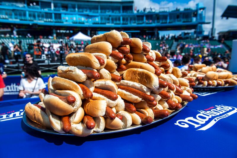 Hot dogs at the Nathan’s Famous Fourth of July International Hot Dog-Eating Contest in Coney Island’s Maimonides Park.