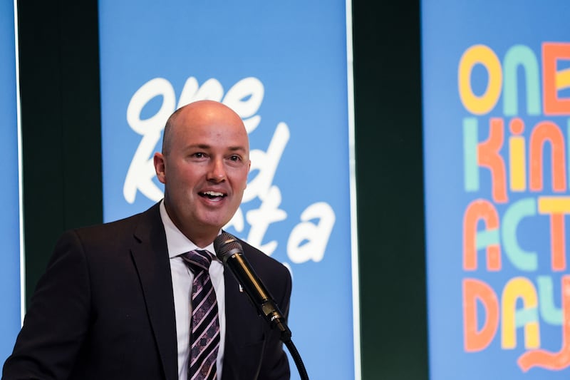 Gov. Spencer Cox speaks at the “One Kind Act a Day” global campaign launch celebration at Gallivan Center in Salt Lake City.