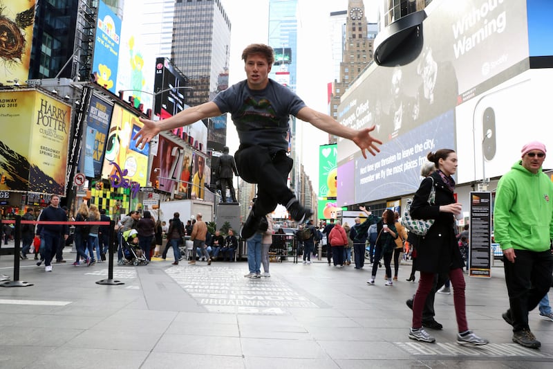 Utahn Thayne Jasperson danced his way to Broadway. Seen here in Times Square, just a short walk from the Richard Rodgers Theatre, where Jasperson plays a British loyalist in "Hamilton" eight times a week.