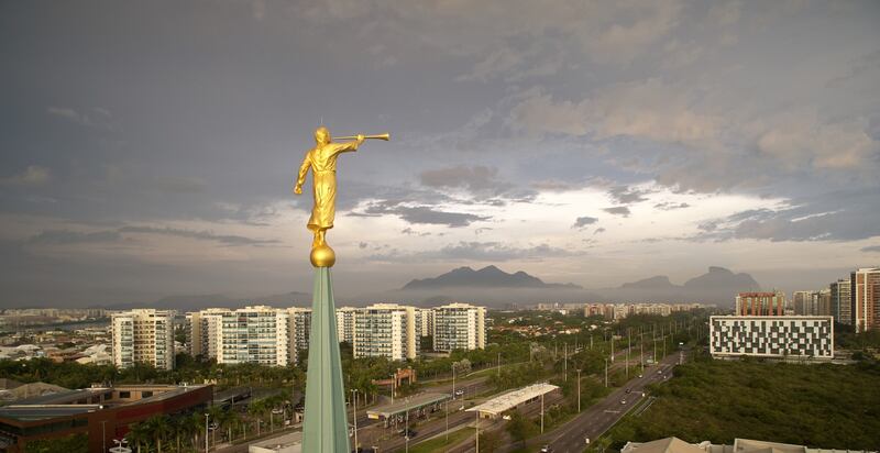 The angel Moroni, an ancient Book of Mormon prophet, stands atop the Rio de Janeiro Brazil Temple.