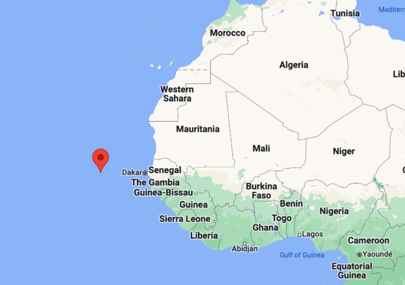 A map showing Cape Verde, a small island nation located 350 miles off the coast of West Africa.