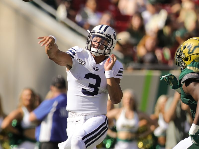 BYU’s Jaren Hall rolls delivers a pass against the University of South Florida Bulls in Tampa, Florida, in October of 2019.