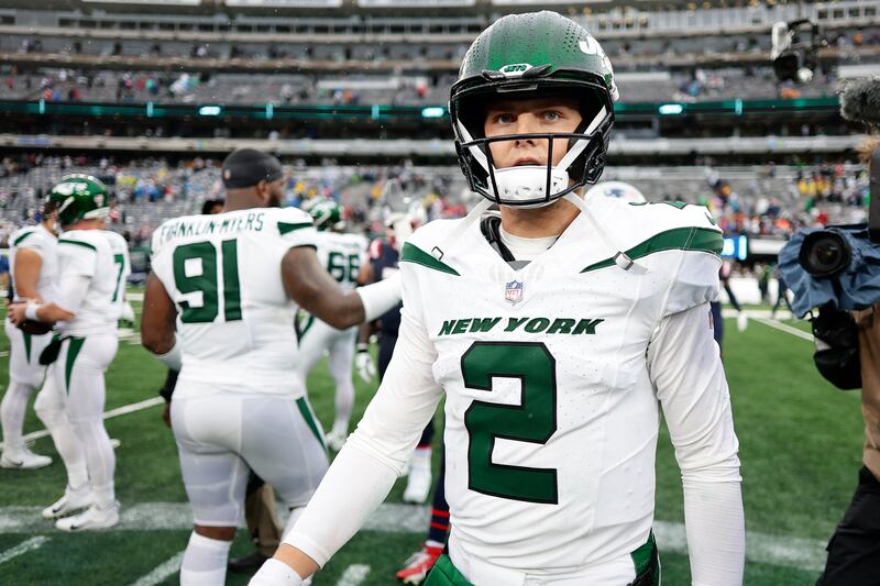 New York Jets quarterback Zach Wilson (2) walks off the field after losing to the New England Patriots on Sept. 24, 2023.