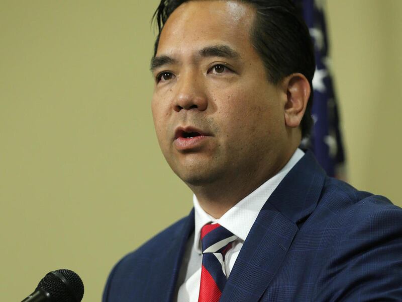 FILE - Utah Attorney General Sean Reyes speaks as he and US DEA District Agent in Charge Brian Besser report results of a joint operation recently completed, at a press conference at the Utah State Capitol in Salt Lake City on Friday, June 30, 2017. Attor