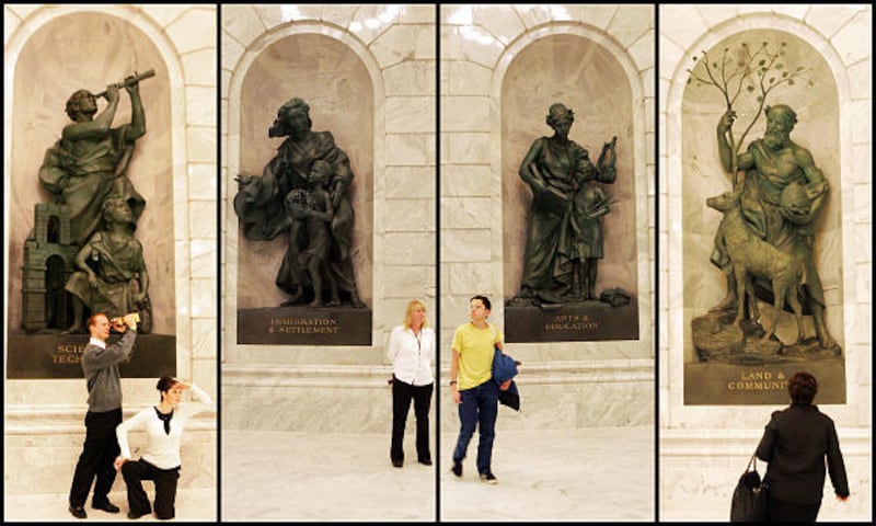 The new statues grace the four corners of the Capitol rotunda. From left are Jaron Janson and Tana Monnett, Sam Peck, Matthew Cunningham and Julie Hancock