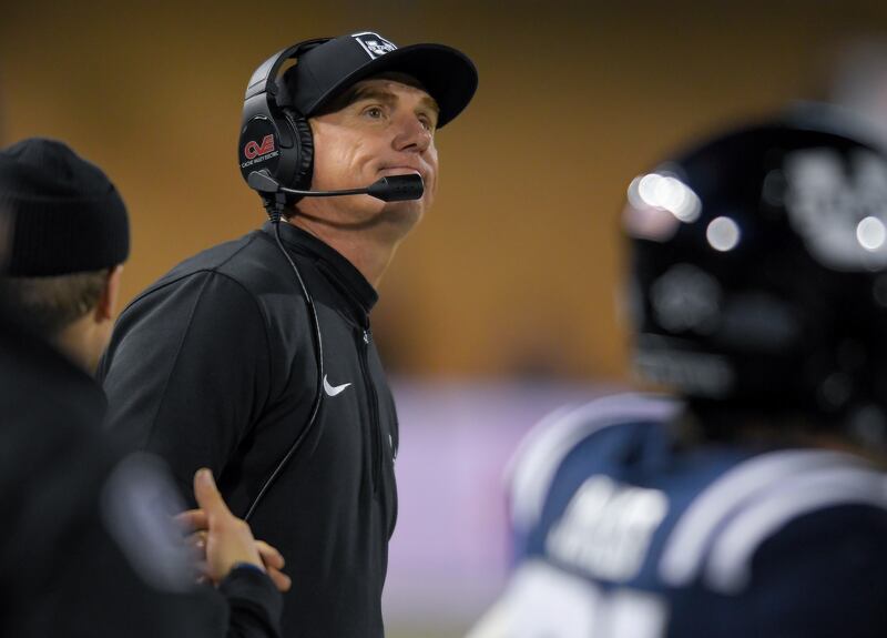 Utah State coach Blake Anderson reacts to a penalty during game against Boise State on Saturday, Nov. 18, 2023, in Logan, Utah.