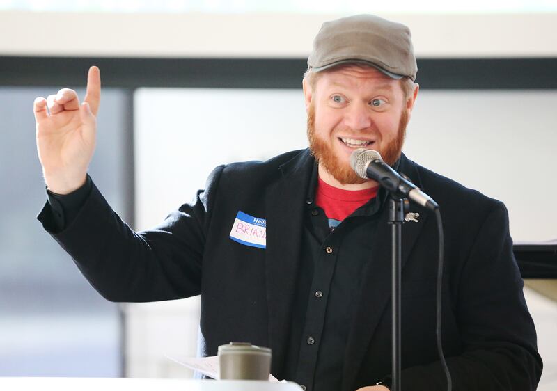 Brian O'Saurus speaks during Sunday Assembly in Salt Lake City on Sunday, Feb. 11, 2018. Sunday Assembly is a nonprofit group designed to serve atheists, agnostics, humanists and other religiously unaffiliated adults in Utah.