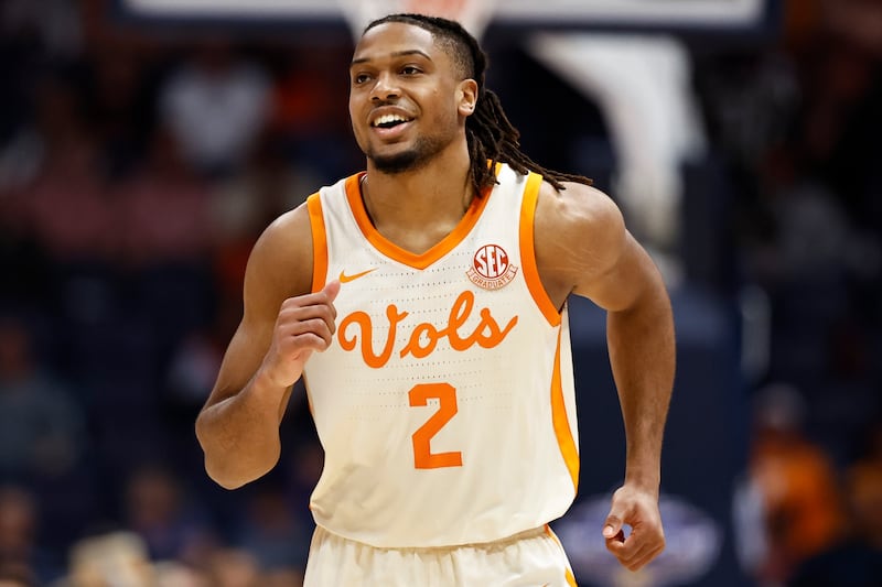 Tennessee guard Chaz Lanier (2) reacts to play against Texas during game March 14, 2025, in Nashville, Tenn.
