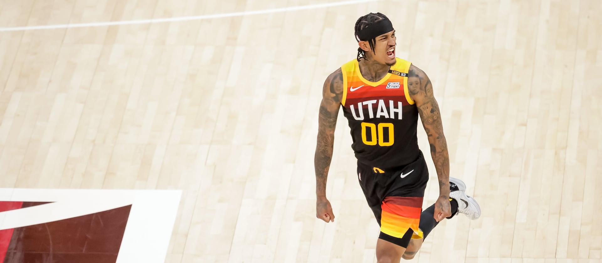 Jazz guard Jordan Clarkson (00) reacts after sinking a 3-pointer during Game 1 of the Western Conference semifinals against the Clippers.