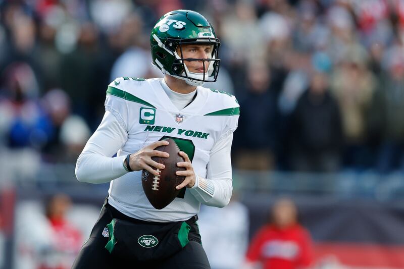 New York Jets quarterback Zach Wilson (2) during the first half of an NFL football game, Sunday, Nov. 20, 2022, in Foxborough, Mass.