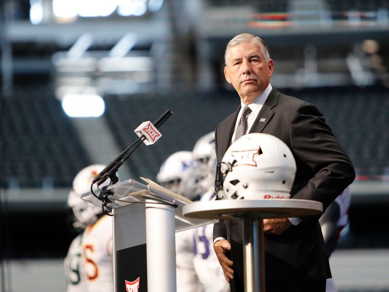 Big 12 Conference commissioner Bob Bowlsby takes the stage on the first day of Big 12 Conference NCAA college football media days Monday, July 15, 2019, at AT&T Stadium in Arlington, Texas. (AP Photo/David Kent)