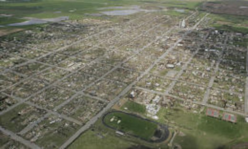 An aerial view of Greensburg, Kan., Monday shows the destruction from Friday's tornado.