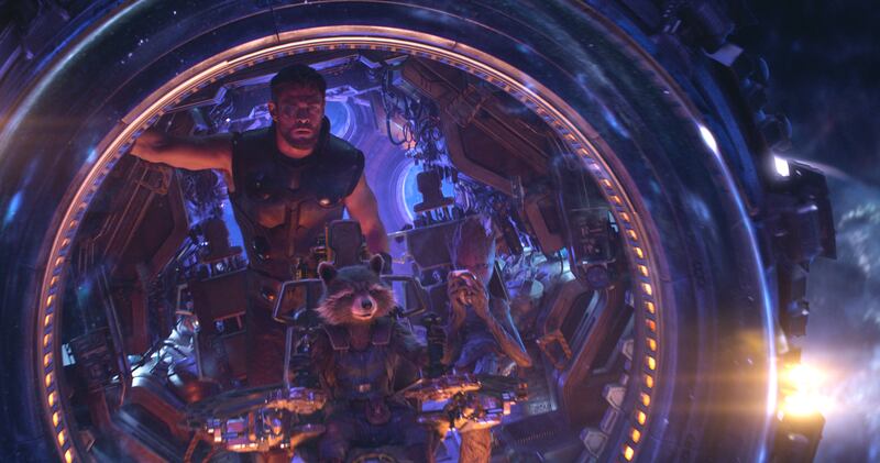 Thor (Chris Hemsworth), Rocket (voiced by Bradley Cooper) and Groot (voiced by Vin Diesel) in “Avengers: Infinity War.”