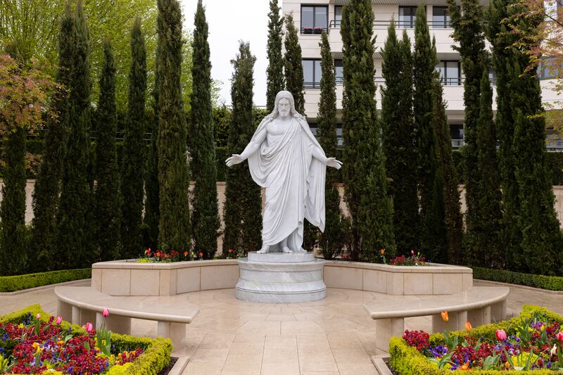A Christus statue on the Paris France Temple grounds is pictured on April 14, 2023.