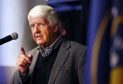 FILE - Rep. Rob Bishop, R-Utah speaks during the UTGOP election night party in Salt Lake City on Tuesday, Nov. 6, 2018.