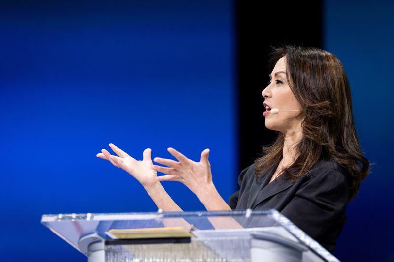 Amy Chua speaks during a forum assembly in the Marriott Center at Brigham Young University on Tuesday, March 29, 2022.
