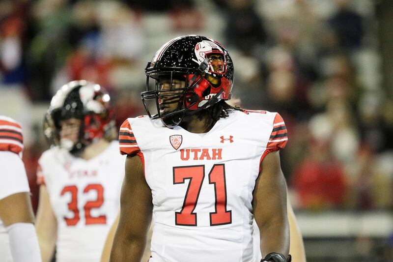 Utah offensive lineman Braeden Daniels (71) stands on the field during a game against Washington State, Oct. 27, 2022.