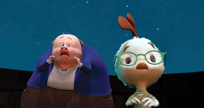 Runt of the Litter (voice of Steve Zahn) and Chicken Little (Zach Braff) in Disney’s “Chicken Little.”