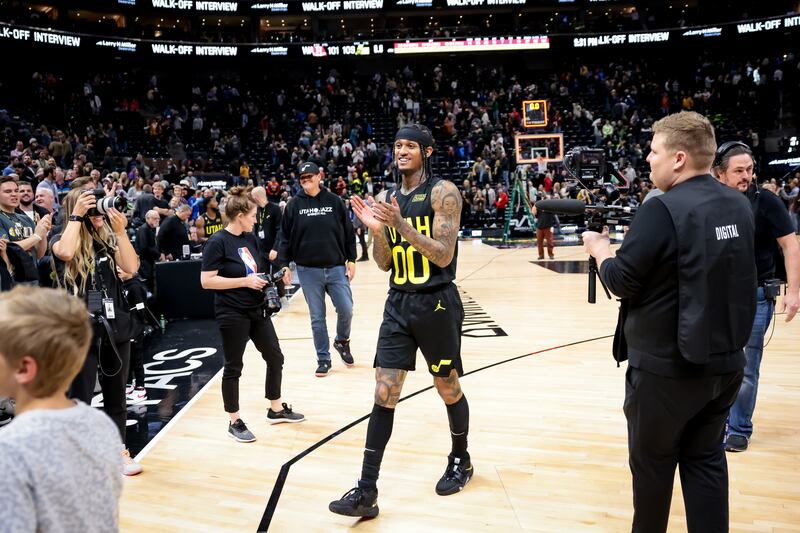 Utah Jazz guard Jordan Clarkson celebrates team’s win over Houston Rockets at Vivint Arena in Salt Lake City, Oct. 26, 2022.