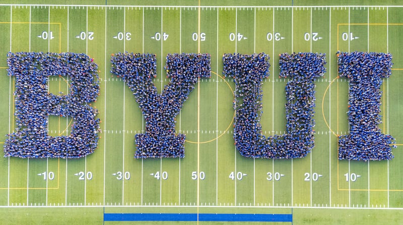 A drone image of the 6,500 new BYU-Idaho students during fall 2025 new student orientation on Sept. 12, 2025.