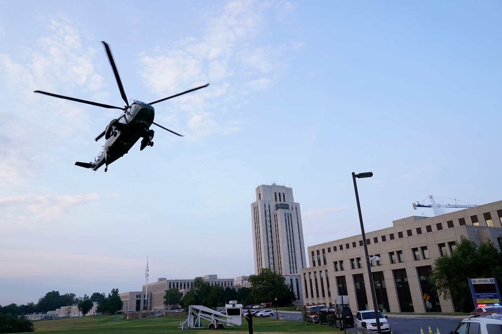 Marine One prepares to land at Walter Reed National Military Medical Center in Bethesda, Md., Thursday, July 29, 2021.