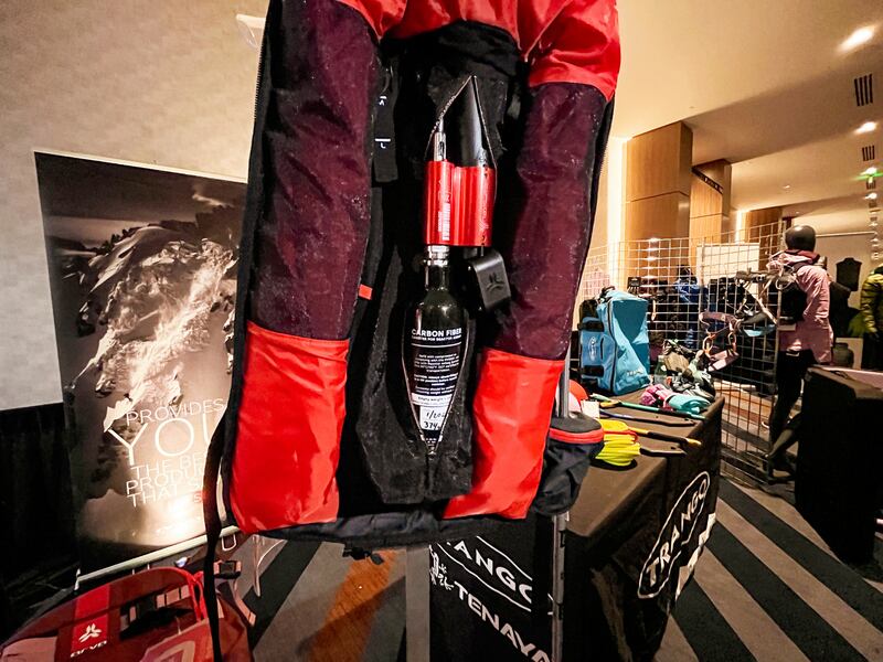 An Arva backpack with a carbon fiber canister is on display during the Outdoor Retailer media preview at the Hyatt Regency Salt Lake in Salt Lake City Monday. The carbon fiber canister is new to the U.S. after it was cleared by the federal government.