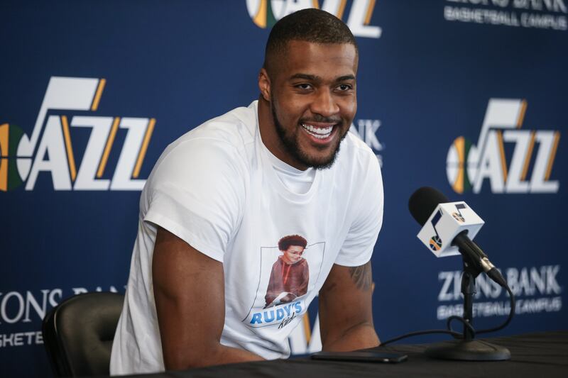Utah Jazz forward Derrick Favors talks to journalists at the Zions Bank Basketball Center in Salt Lake City on Wednesday, May 9, 2018.