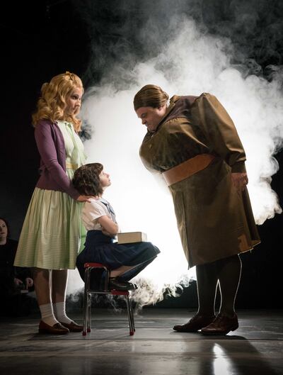 Dawn Dietlein as Miss Honey, left, Julia Buckner as Matilda and Danny Inkley as Miss Agatha Trunchbull in the Tuesday/Thursday/Saturday cast of Hale Centre Theatre's "Matilda."