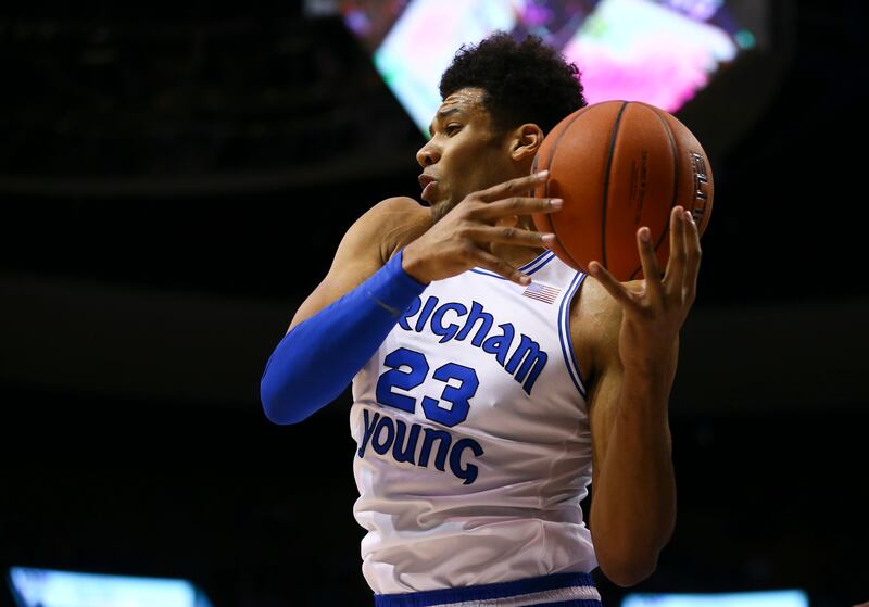 Brigham Young Cougars forward Yoeli Childs (23) catches a rebound against the Saint Mary’s Gaels at the Marriott Center in Provo on Thursday, Jan. 24, 2019.