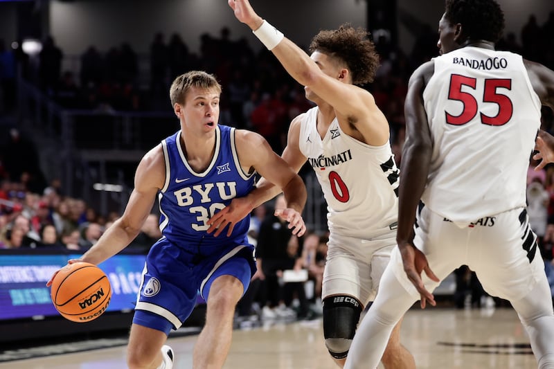 BYU guard Dallin Hall dribbles during game Saturday, Feb. 8, 2025, at Cincinnati. The Cougars fell to the Bearcats, 84-66, and will play at West Virginia on Tuesday.
