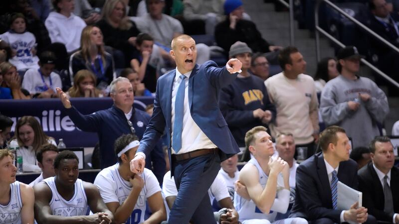 BYU coach Mark Pope gestures to player during the team’s college basketball game against Cincinnati on Jan. 6, 2024, in Provo.