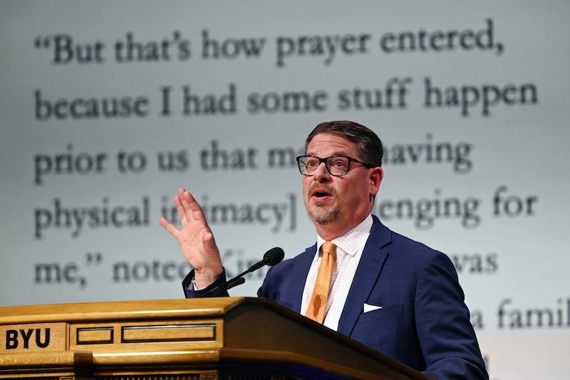 Sociologist Brad Wilcox, senior fellow at the American Enterprise Institute, speaks at a BYU Forum in Provo on Nov. 28, 2023.