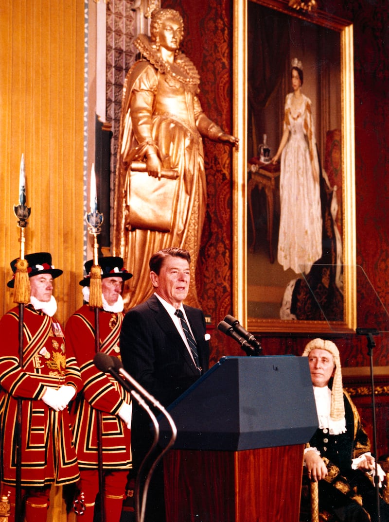 President Ronald Reagan, during a visit to London, June 8, 1982, makes his address to Britain’s Houses of Parliament, in the Royal Gallery of the Palace of Westminster.