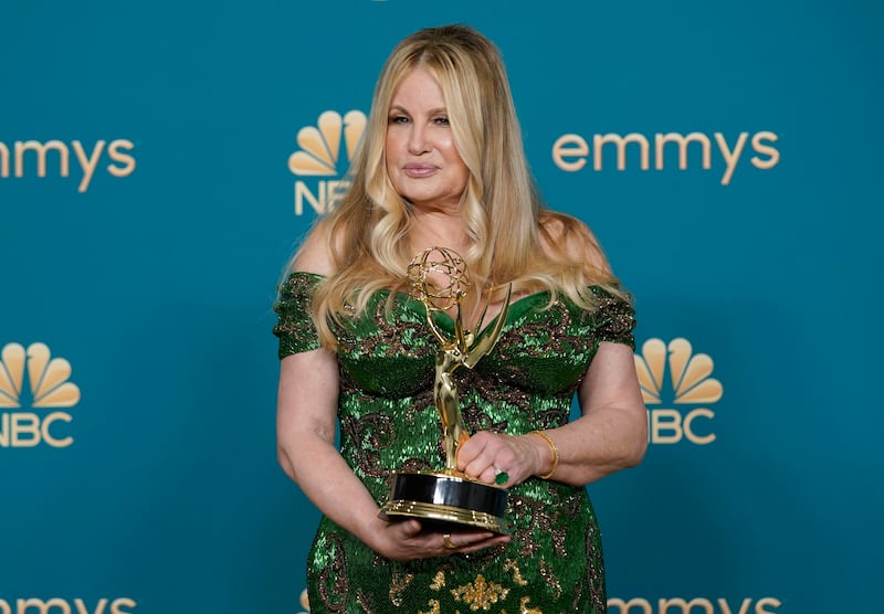 Jennifer Coolidge, winner of the award for supporting actress in a limited series or movie for “The White Lotus”, poses in the press room at the 74th Primetime Emmy Awards on Monday.