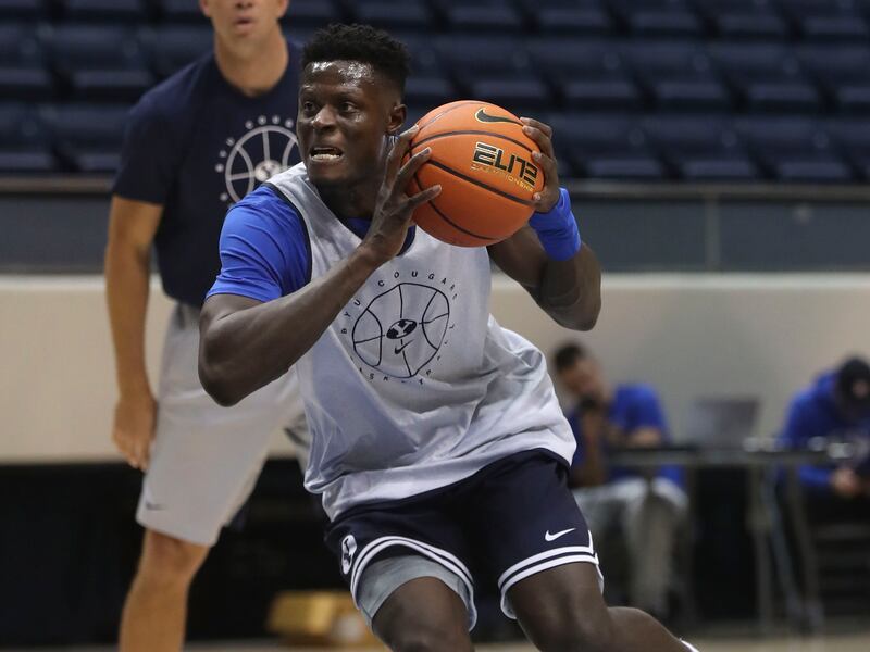 BYU’s Gideon George attends practice at the Marriott Center in Provo on Thursday, Oct. 21, 2021.
