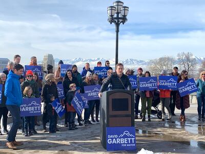Jeff Robison, a pediatrician at Primary Children's Hospital, speaks at David Garbett's official campaign launch for Salt Lake City mayor outside the Capitol on Tuesday, Feb. 12, 2019.