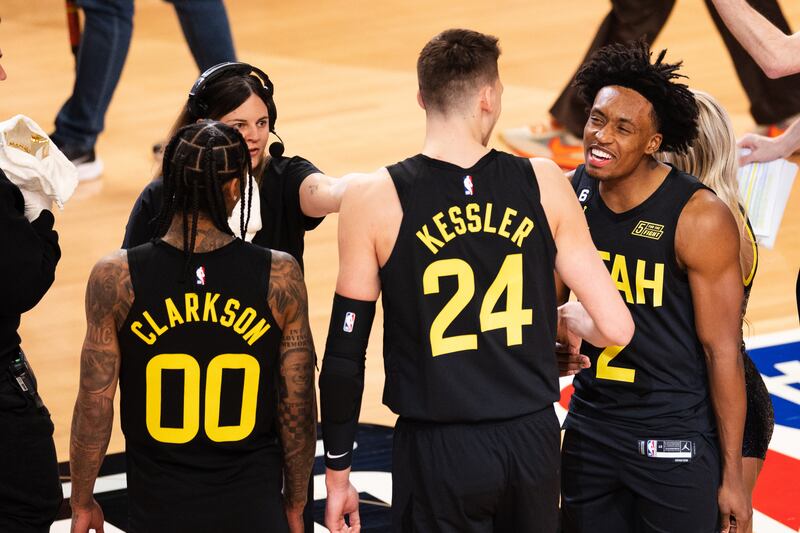Utah Jazz’s Jordan Clarkson, Walker Kessler and Collin Sexton celebrate after winning the Team Skills Challenge during NBA All-Star 2023 Weekend.
