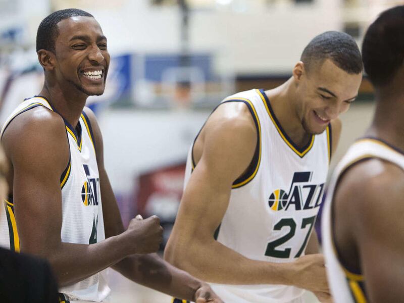 Jeremy Evans and Rudy Gobert laugh as the Utah Jazz hold their media day Monday, Sept. 29, 2014, in Salt Lake City at the Zions Bank basketball center.