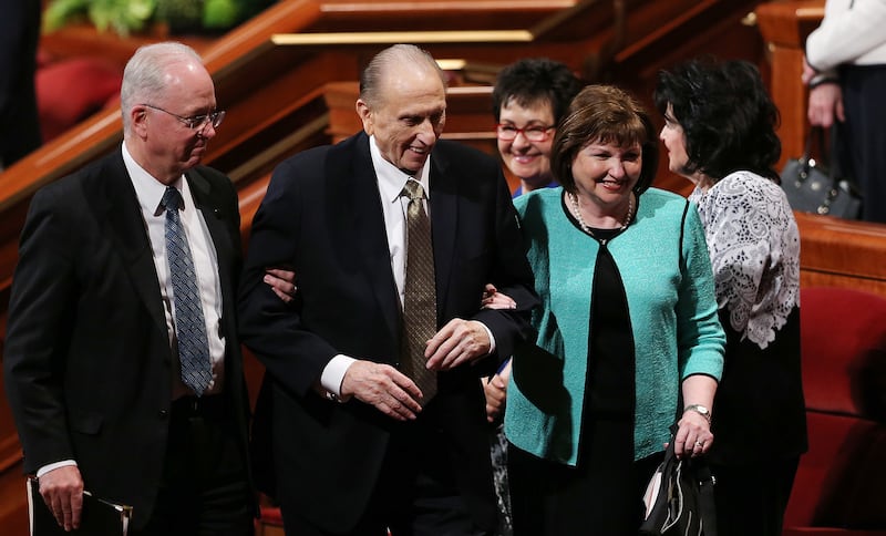 President Thomas S. Monson, and his daughter, Sister Ann M. Dibb, exit the Conference Center in Salt Lake City following the Sunday morning session of the LDS Church’s 187th Annual General Conference on Sunday, April 2, 2017.