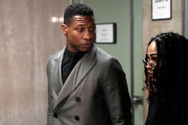 Jonathan Majors leaves a courtroom in New York on Monday, Dec. 18, 2023.
