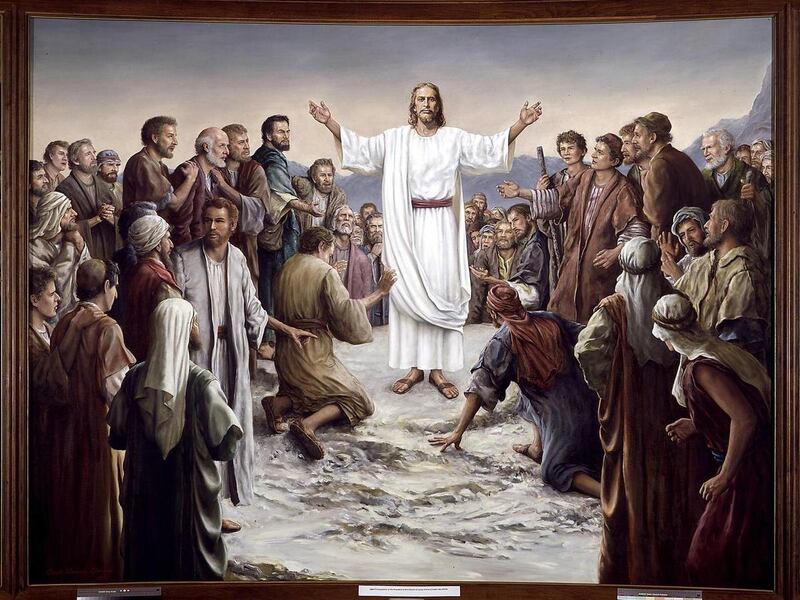 Jesus Christ, appearance to a multitude. Jesus appearing to the five hundred. New Testament LDS painting