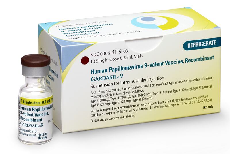 This undated image provided by Merck on Friday, Oct. 5, 2018 shows a vial and packaging for the Gardasil 9 vaccine. On Friday, Oct. 5, 2018, the U.S. Food and Drug Administration expanded the use of the company's cervical cancer vaccine to adults up to ag