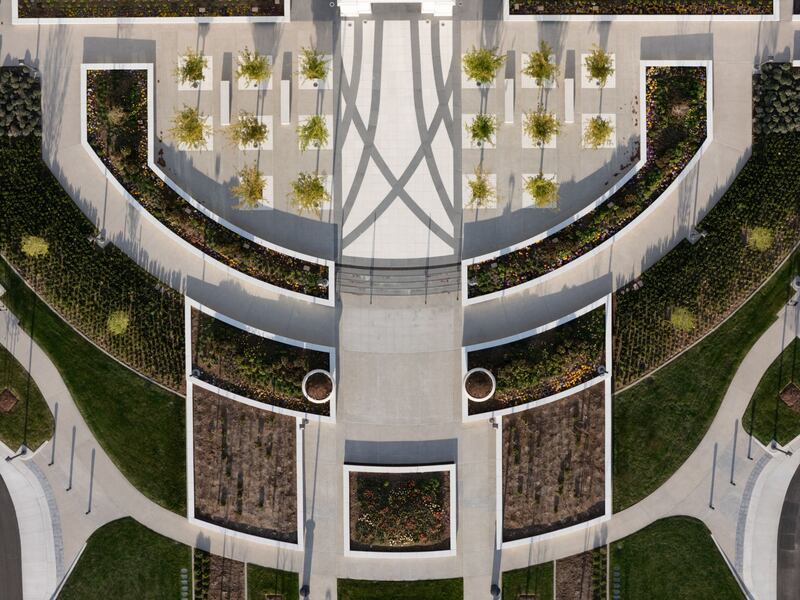 An aerial photograph of the grounds behind the Syracuse Utah Temple.