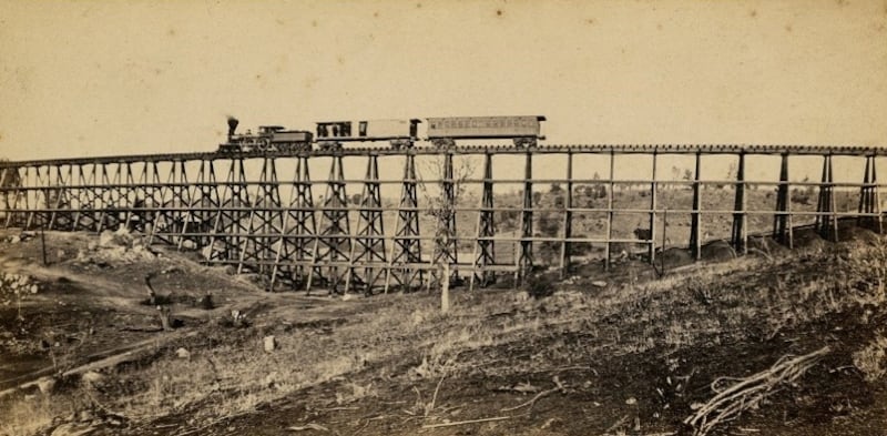 "Trestle Bridge and Train at Newcastle," by Alfred D. Hart, is on display at BYU's Museum of Art as part of the "After Promontory" exhibit in Provo, on display through Oct. 5.