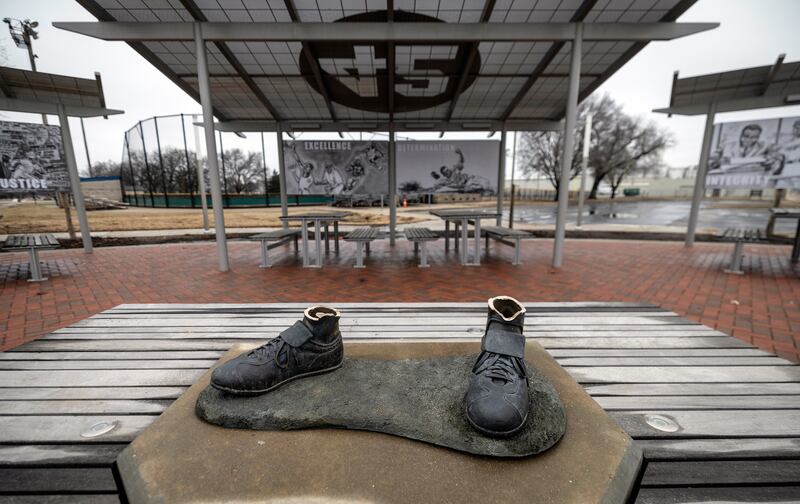 A bronze statue of Jackie Robinson was stolen from a park in Wichita, Kan., during the early morning hours of Thursday, Jan. 25, 2024.