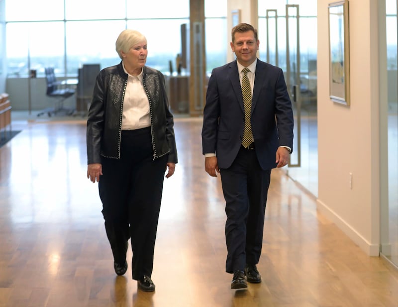 Gail Miller, left, chairwoman and owner of the Larry H. Miller Group of Companies, and Utah Jazz president Steve Starks, right, walk together on Wednesday, Aug. 7, 2019, in Sandy. Starks has been named the new CEO of the Larry H. Miller Group of Companies